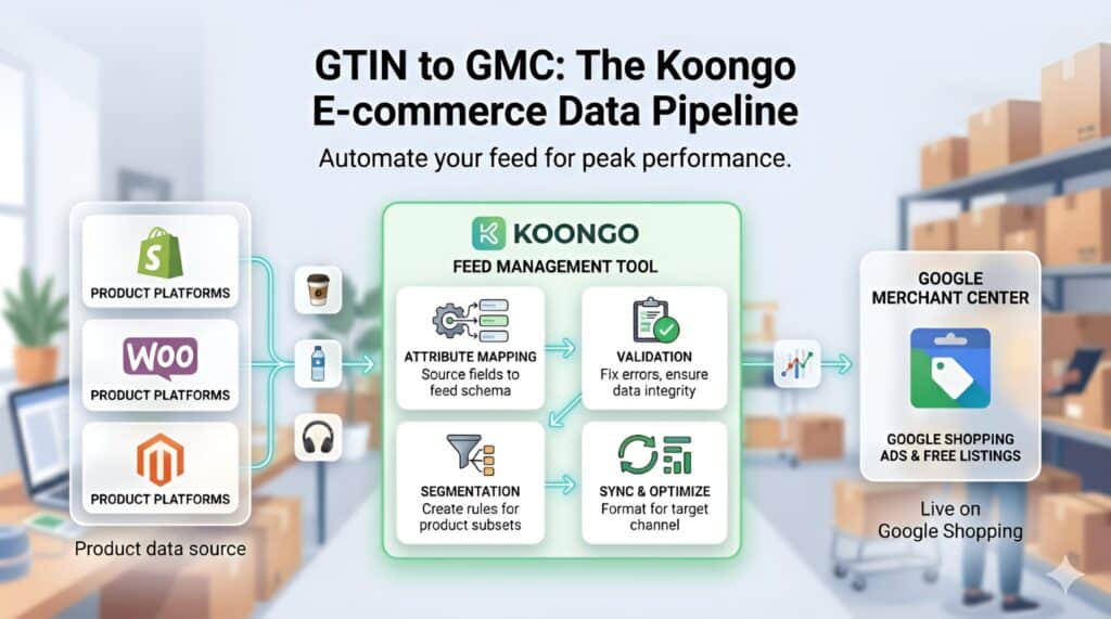 Koongo feed management-workflow, der forbinder Shopify-, WooCommerce- og Magento-produktdata med Google Merchant Center til Google Shopping-annoncer og gratis visninger. Diagrammet viser en automatiseret proces til optimering af e-handelsfeeds, herunder GTIN-mapping, feedvalidering, segmentering, synkronisering og attributoptimering for at forbedre Google Shopping-performance og forhindre feedfejl. 