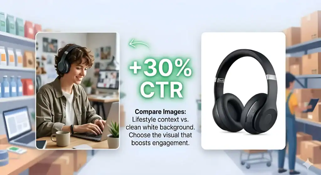 Sammenligning af lifestyle-produktbillede versus rent produktfoto på hvid baggrund til Google Shopping-optimering. Infografikken viser, hvordan produktbilleder i høj kvalitet kan forbedre klikraten (CTR) med 30 % i e-handelsannoncering. Viser hovedtelefoner i lifestyle-kontekst og isoleret studie-billede for bedre Google Shopping-feedperformance, produktsynlighed og konverteringsoptimering.  