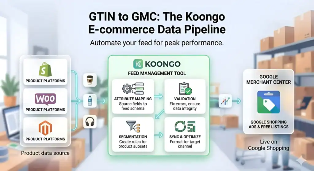 Koongo feed management-workflow, der forbinder Shopify-, WooCommerce- og Magento-produktdata med Google Merchant Center til Google Shopping-annoncer og gratis visninger. Diagrammet viser en automatiseret proces til optimering af e-handelsfeeds, herunder GTIN-mapping, feedvalidering, segmentering, synkronisering og attributoptimering for at forbedre Google Shopping-performance og forhindre feedfejl. 