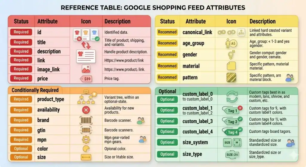Referencetabel over Google Shopping-feedattributter, der viser obligatoriske, betinget obligatoriske, anbefalede og valgfrie felter som title, description, GTIN, brand, availability, custom labels og size-attributter, med ikoner og beskrivelser for hver attributtype.