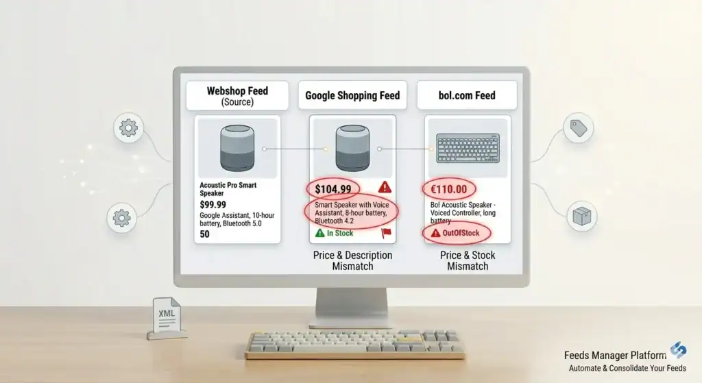 Illustration af et multikanal-produktfeed, der viser uoverensstemmende produktdata mellem et webshop-kildefeed, et Google Shopping-feed og et bol.com-feed, med fokus på prisinkonsistens, lagermismatch og synkroniseringsfejl i produktfeeds på tværs af e-handelsplatforme.