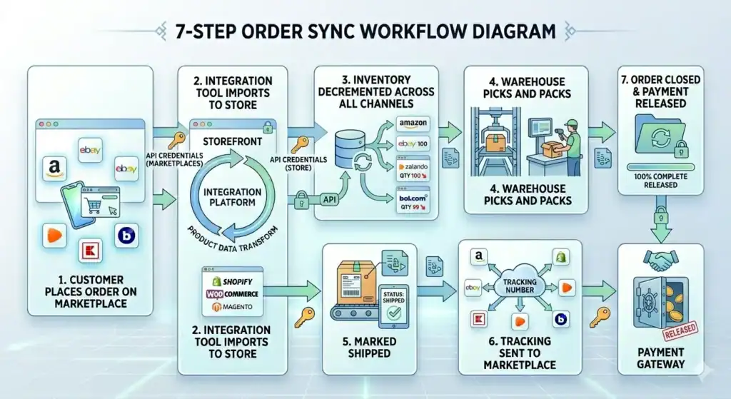 Diagram over 7-trins workflow for ordresynkronisering, der viser, hvordan marketplace-ordrer behandles gennem et e-commerce-integrationssystem. Trin 1 viser en kunde, der afgiver en ordre på marketplaces som Amazon, eBay, Zalando, Kaufland og Bol.com. Trin 2 viser en integrationsplatform, der importerer ordrer til webshop-systemer som Shopify, WooCommerce og Magento ved hjælp af API-legitimationsoplysninger. Trin 3 viser lager, der automatisk opdateres på tværs af alle salgskanaler. Trin 4 illustrerer lagerpersonale, der plukker og pakker ordren. Trin 5 markerer ordren som afsendt. Trin 6 sender trackingoplysninger tilbage til marketplaces. Trin 7 lukker ordren og frigiver betalingen via betalingsgatewayen.       