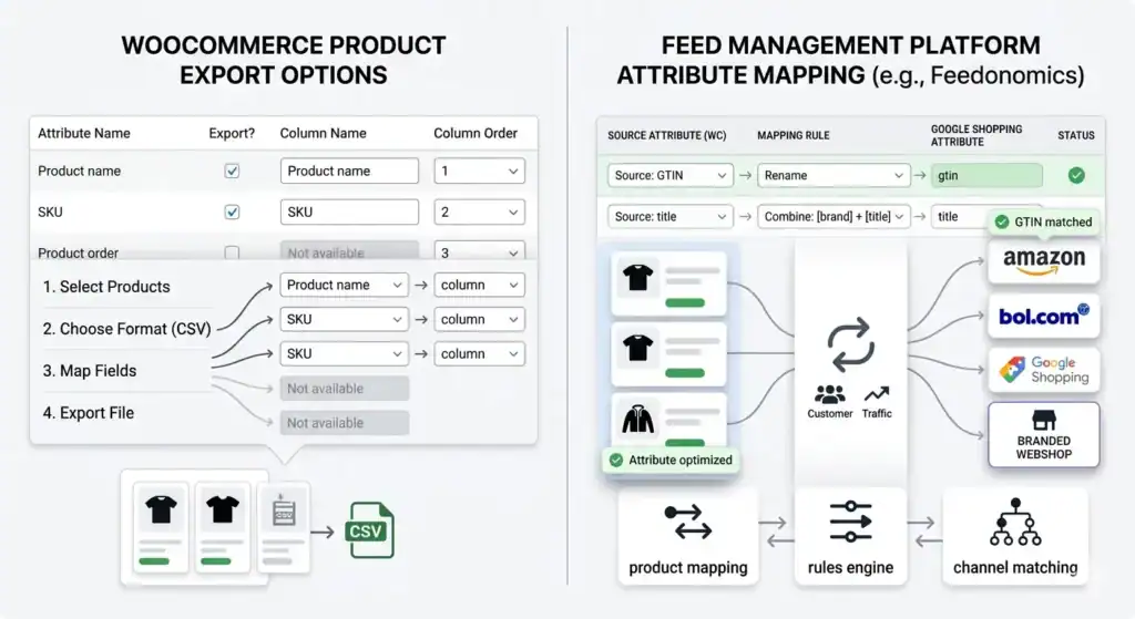 Side-by-side-sammenligning af WooCommerce-produkteksportmuligheder og en feed management-platforms interface til attributmapping, der viser, hvordan produktdata mappes, optimeres og synkroniseres med Google Shopping, Amazon, bol.com og brandede webshops.