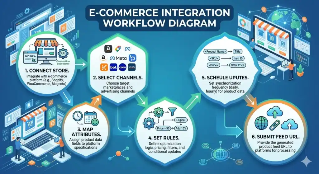 Diagram over e-commerce integrationsworkflow, der viser den komplette proces for produktfeed management ved multikanalsalg. Illustrationen forklarer, hvordan Shopify-, WooCommerce- og Magento-butikker forbindes til markedspladser og annoncekanaler, herunder Amazon, Meta Ads, bol.com, Google Shopping og Idealo. Workflowet omfatter mapping af produktattributter, regler for feedoptimering, planlægning af lagersynkronisering, transformation af produktdata, automatiske feedopdateringer og indsendelse af feed-URL til marketplace-integration og automatisering af produktlister.  