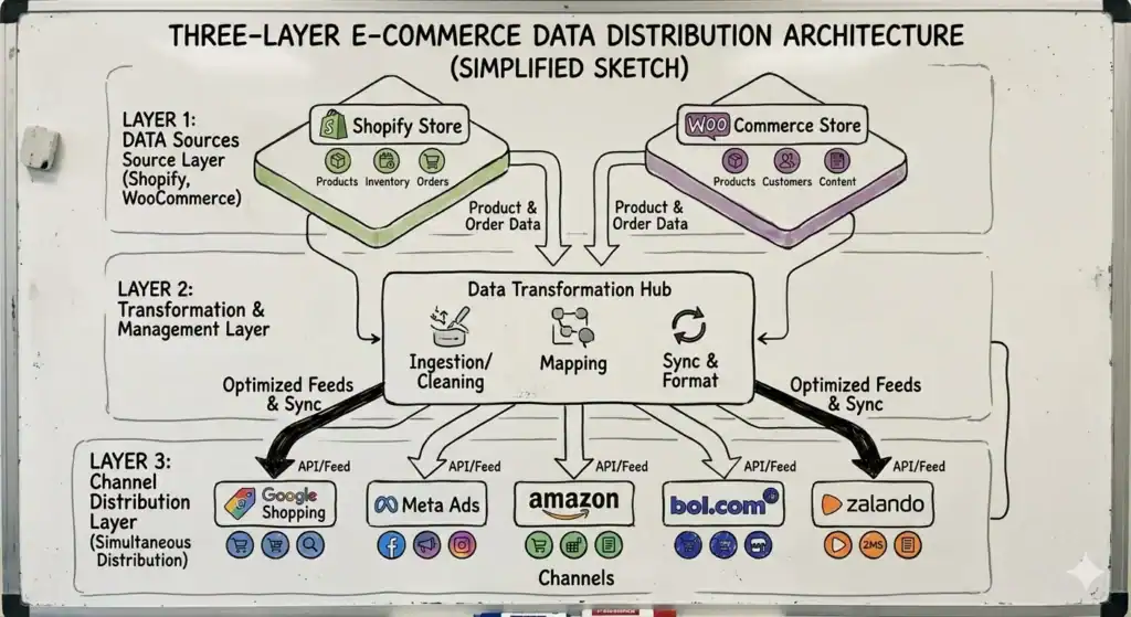 Diagram over en trelagsarkitektur til distribution af e-handelsdata. Første lag består af datakilder – Shopify Store og WooCommerce Store med produkter, lager, ordrer, kunder og indhold. Data flyder ind i andet lag, Data Transformation Hub, hvor dataindlæsning, rensning, mapping og synkronisering finder sted. Herefter distribueres optimerede feeds til tredje lag af kanaler via API’er, herunder Google Shopping, Meta Ads, Amazon, bol.com og Zalando. Diagrammet illustrerer centraliseret styring og samtidig distribution af e-handelsdata på tværs af flere platforme.    
