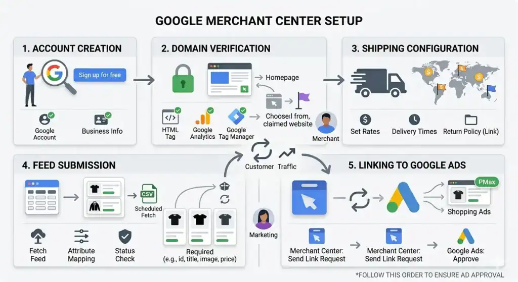 Trin-for-trin-diagram for opsætning af Google Merchant Center, der viser kontooprettelse, domæneverificering, fragtopsætning, indsendelse af produktfeed og sammenkædning af Merchant Center med Google Ads til Shopping-kampagner og Performance Max-annoncer.