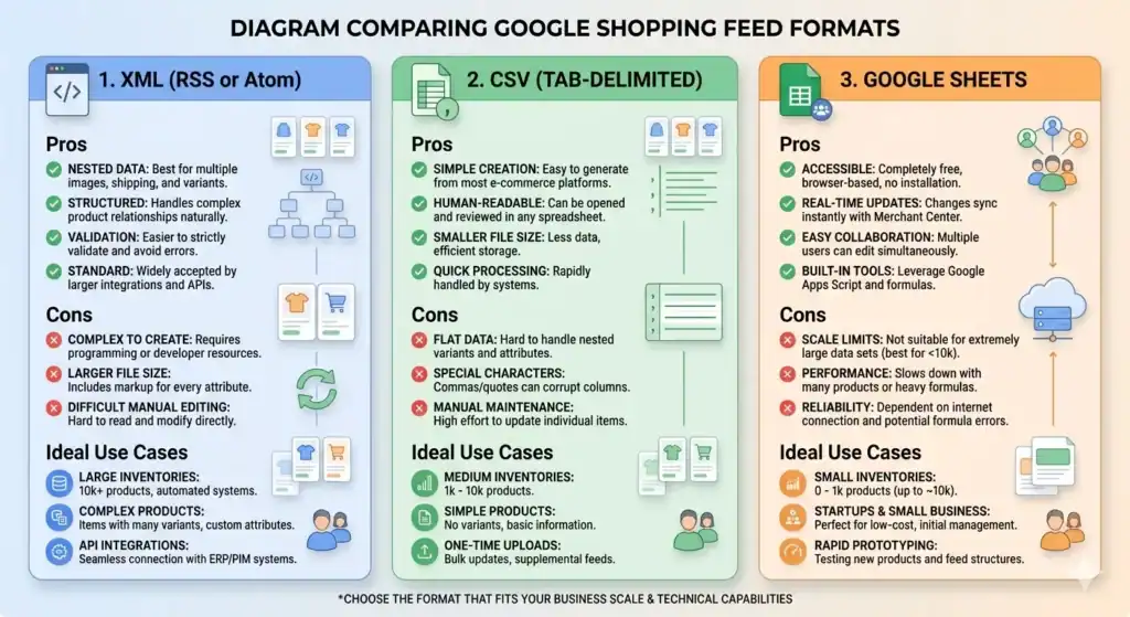 Infografik, der sammenligner Google Shopping-feedformater: XML, CSV og Google Sheets, inklusive fordele, ulemper og ideelle anvendelser for forskellige størrelser af e-handelsbutikker og automatiseringsbehov.