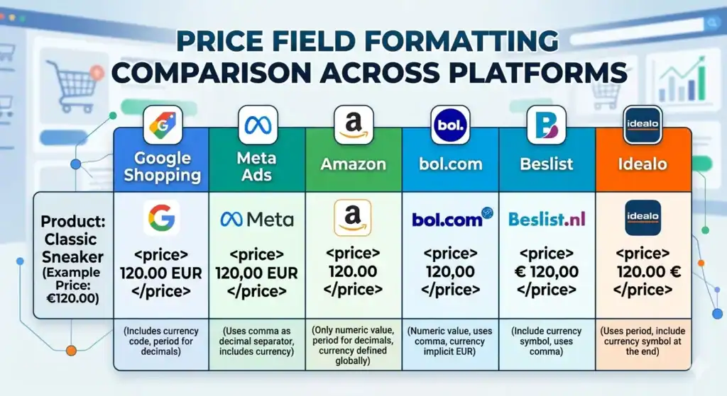 `Sammenligningstabel, der viser, hvordan produktprisfelter skal formateres forskelligt på tværs af e-handelsplatforme og markedspladser, herunder Google Shopping, Meta Ads, Amazon, bol.com, Beslist og Idealo. Diagrammet forklarer regler for formatering af prisattributter i produktfeeds, forskelle i XML-prisstruktur, krav til valutaformatering, decimalseparatorer, specifikationer for marketplace-feeds og mapping af produktdata på tværs af platforme til multikanal e-commerce feed management.` 
