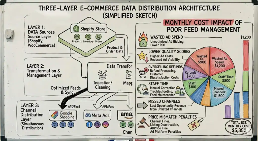 Alt-tekst:
Håndtegnet infografik med titlen “Three-Layer E-Commerce Data Distribution Architecture (Simplified Sketch)” vist på en whiteboard. Til venstre forklarer diagrammet et trelags system til distribution af e-handelsdata. Lag 1 viser datakilder som Shopify Store og WooCommerce med produkter, lager og ordrer. Pile fører til Lag 2, en “Data Transformation”-sektion, hvor indlæsning, rensning, mapping og synkronisering af data foregår. Optimerede feeds distribueres derefter via API’er til Lag 3-kanaler, herunder Google Shopping, Meta Ads og Amazon.    

Til højre viser en sektion med titlen “Monthly Cost Impact of Poor Feed Management” forretningstab forårsaget af dårlig produktfeedstyring. Den oplister problemer som spildt annonceforbrug, lavere kvalitetsscorer, refunderinger ved oversalg, medarbejdertid, mistede salgskanaler og bøder for prisafvigelser. Et farverigt cirkeldiagram og søjlediagram visualiserer estimerede månedlige tab, og den samlede estimerede månedlige omkostning vises som $5,350.  
