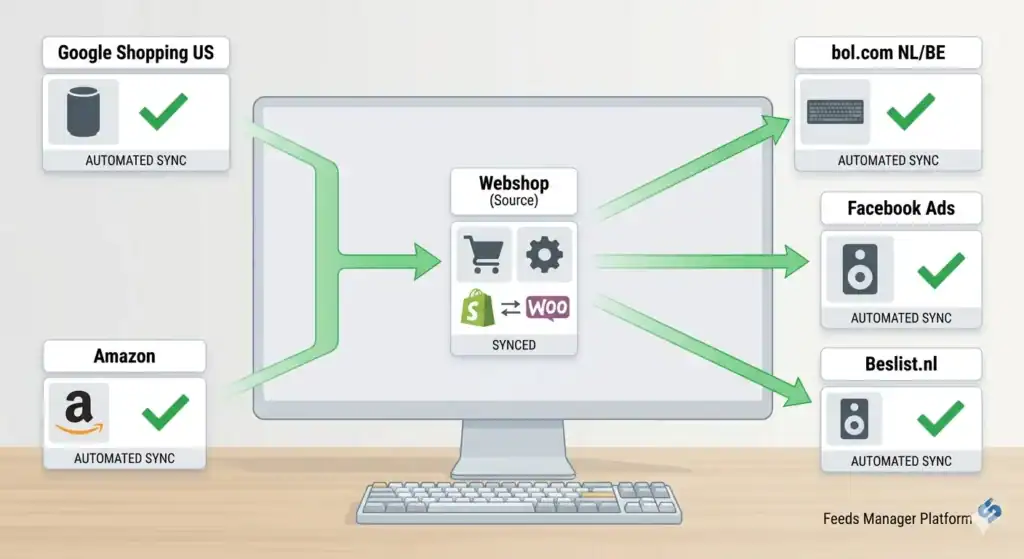 Diagram, der viser automatiseret synkronisering af multikanal-produktfeeds fra en webshopkilde til Google Shopping, Amazon, bol.com, Facebook Ads og Beslist.nl, med centraliseret lager- og produktdatahåndtering på tværs af flere e-handelsplatforme.