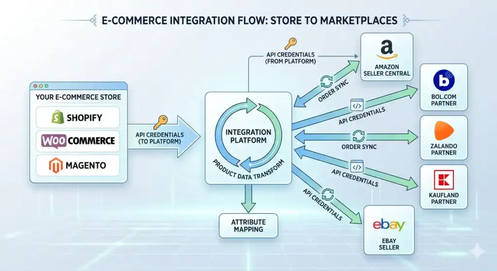 Diagram, der illustrerer integrationsflowet mellem en e-commerce-webshop og flere marketplace-platforme. Til venstre ses Shopify, WooCommerce og Magento, der er forbundet via API-legitimationsoplysninger til en central integrationsplatform. Platformen håndterer transformation af produktdata, ordresynkronisering og attributmapping. Til højre ses Amazon Seller Central, Bol.com Partner, Zalando Partner, Kaufland Partner og eBay Seller, forbundet via API-legitimationsoplysninger og ordresynkroniseringsprocesser.   