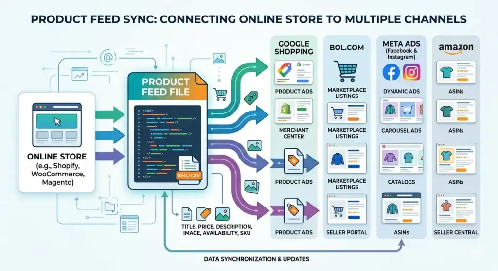 Detaljeret diagram over synkronisering af produktfeeds, der viser, hvordan en onlinebutik med Shopify, WooCommerce eller Magento sender produktdata via XML- og CSV-produktfeedfiler til flere salgs- og annoncekanaler, herunder Google Shopping, Amazon, bol.com og Meta Ads. Illustrationen forklarer marketplace feed management, automatiseret lagersynkronisering, mapping af produktdata, Merchant Center-integration, ASIN-håndtering, dynamiske annoncer, katalogsynkronisering og opdateringer af e-handelsproduktfeeds i realtid på tværs af kanaler. 