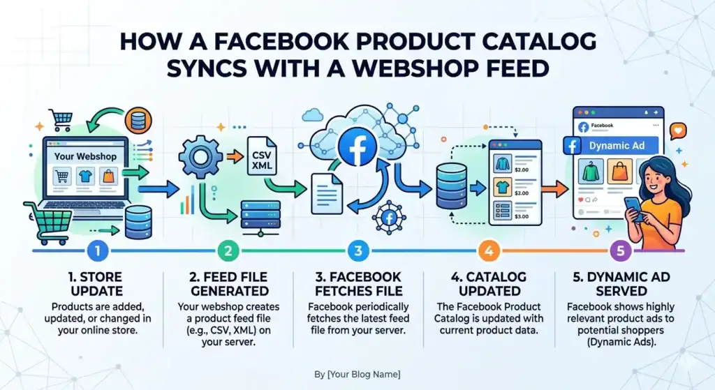 Illustration af synkroniseringsprocessen for Facebook-produktkatalog, der viser, hvordan en webshop genererer en produktfeedfil (CSV/XML), Facebook henter feedet, opdaterer produktkataloget og viser dynamiske annoncer med aktuelle produktdata til kunder.