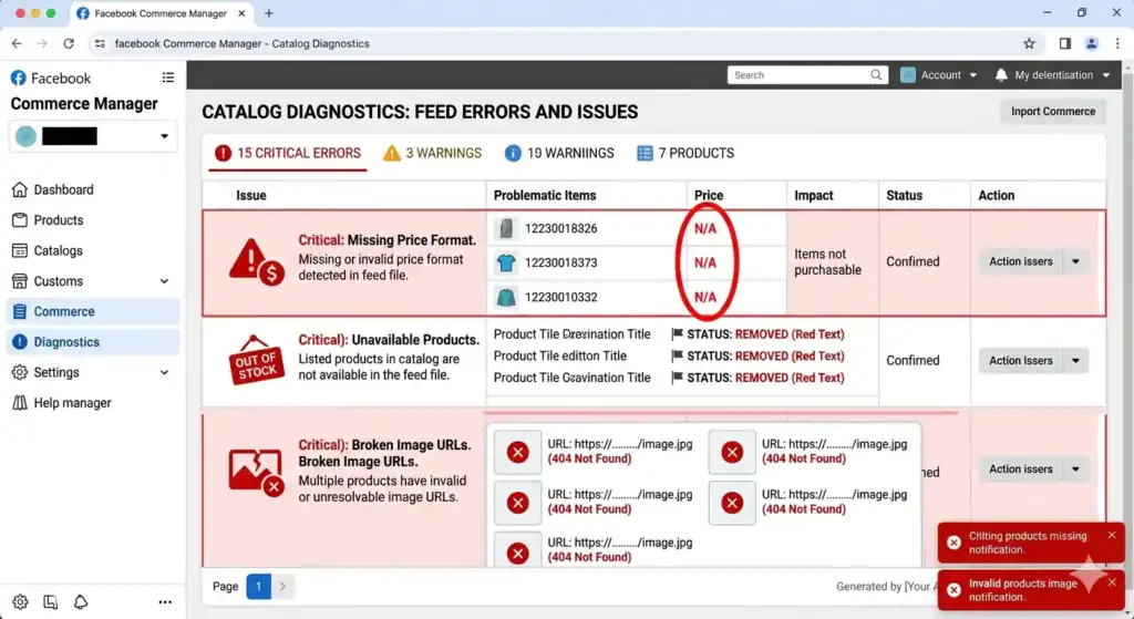 Skærmbillede af Facebook Commerce Manager Catalog Diagnostics, der viser almindelige produktfeedfejl, herunder manglende prisformater, utilgængelige produkter, brudte billed-URL’er og katalogproblemer, der påvirker dynamiske Facebook-annoncer.
