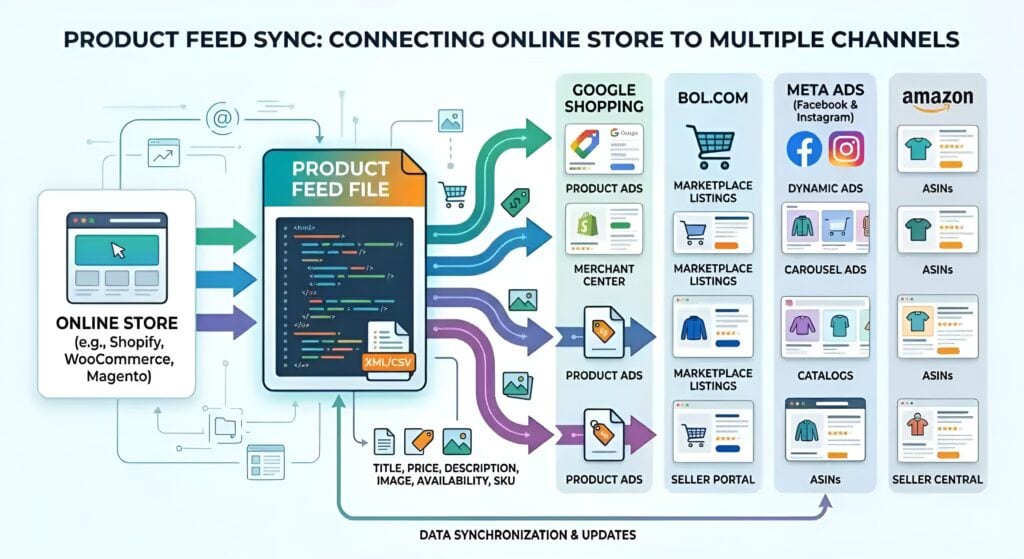 Detaljeret diagram over synkronisering af produktfeeds, der viser, hvordan en onlinebutik med Shopify, WooCommerce eller Magento sender produktdata via XML- og CSV-produktfeedfiler til flere salgs- og annoncekanaler, herunder Google Shopping, Amazon, bol.com og Meta Ads. Illustrationen forklarer marketplace feed management, automatiseret lagersynkronisering, mapping af produktdata, Merchant Center-integration, ASIN-håndtering, dynamiske annoncer, katalogsynkronisering og opdateringer af e-handelsproduktfeeds i realtid på tværs af kanaler. 
