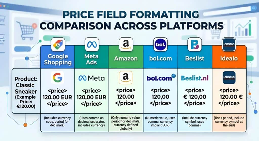 `Sammenligningstabel, der viser, hvordan produktprisfelter skal formateres forskelligt på tværs af e-handelsplatforme og markedspladser, herunder Google Shopping, Meta Ads, Amazon, bol.com, Beslist og Idealo. Diagrammet forklarer regler for formatering af prisattributter i produktfeeds, forskelle i XML-prisstruktur, krav til valutaformatering, decimalseparatorer, specifikationer for marketplace-feeds og mapping af produktdata på tværs af platforme til multikanal e-commerce feed management.` 