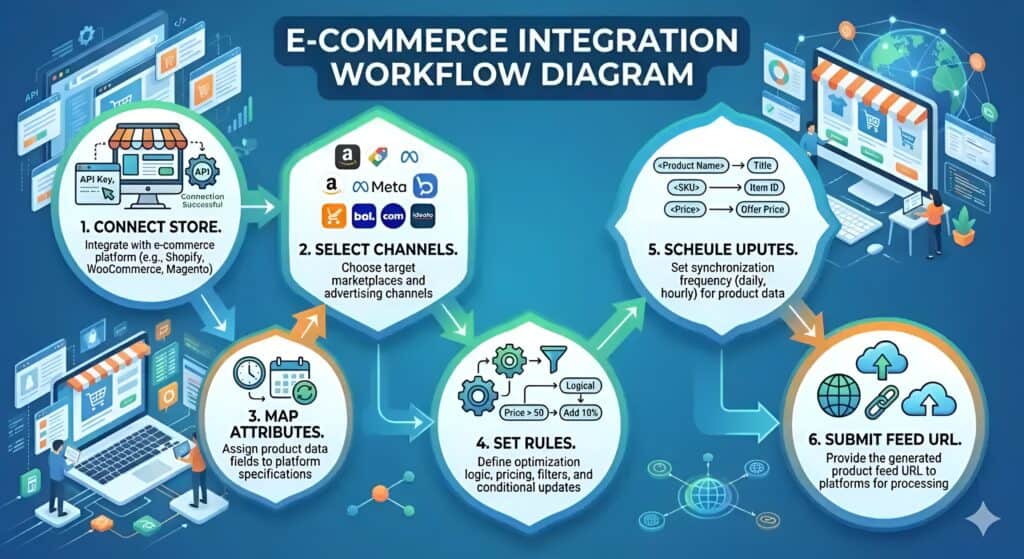 Diagram over e-commerce integrationsworkflow, der viser den komplette proces for produktfeed management ved multikanalsalg. Illustrationen forklarer, hvordan Shopify-, WooCommerce- og Magento-butikker forbindes til markedspladser og annoncekanaler, herunder Amazon, Meta Ads, bol.com, Google Shopping og Idealo. Workflowet omfatter mapping af produktattributter, regler for feedoptimering, planlægning af lagersynkronisering, transformation af produktdata, automatiske feedopdateringer og indsendelse af feed-URL til marketplace-integration og automatisering af produktlister.  