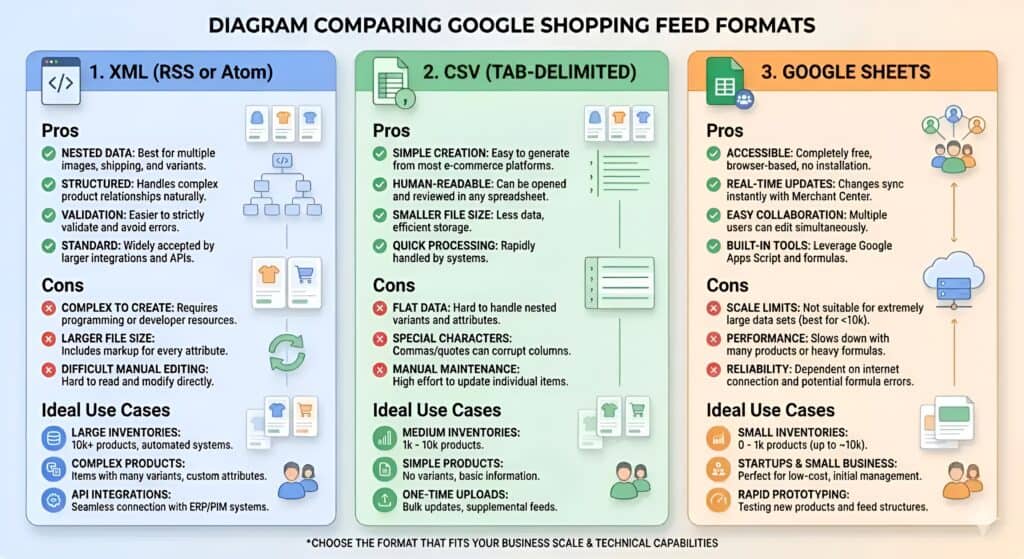 Infografik, der sammenligner Google Shopping-feedformater: XML, CSV og Google Sheets, inklusive fordele, ulemper og ideelle anvendelser for forskellige størrelser af e-handelsbutikker og automatiseringsbehov.