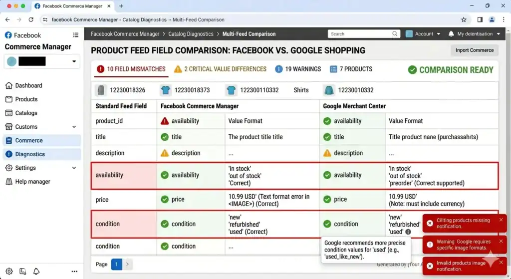 Sammenligningstabel, der viser forskelle mellem produktfeedfelter i Facebook Commerce Manager og Google Merchant Center, herunder tilgængelighed, prisformatering, condition-værdier og almindelige advarsler om feedafvigelser på tværs af begge platforme.
