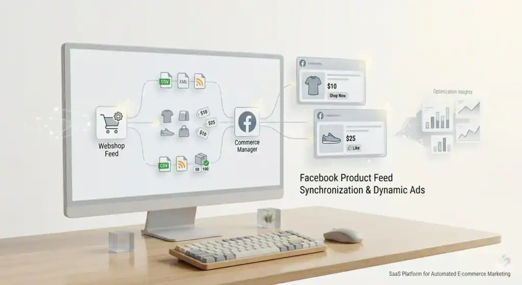 Minimal arbejdspladsillustration, der viser et webshop-produktfeed forbundet til Facebook Commerce Manager med automatisk produktsynkronisering, dynamiske Facebook-annoncer, prisdata og e-handelsanalyse på en ren, lys baggrund.
