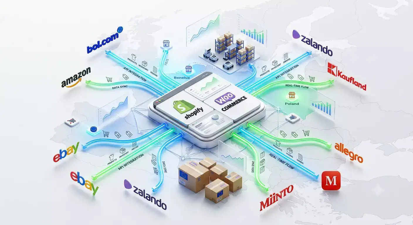 Fremhævet illustration, der viser multikanal e-handelsstyring med Amazon, bol.com, Zalando, Kaufland, eBay, Allegro, Miinto, Shopify og WooCommerce forbundet via lagersynkronisering i realtid, ordrestyring og markedspladsintegrationer på tværs af Europa.