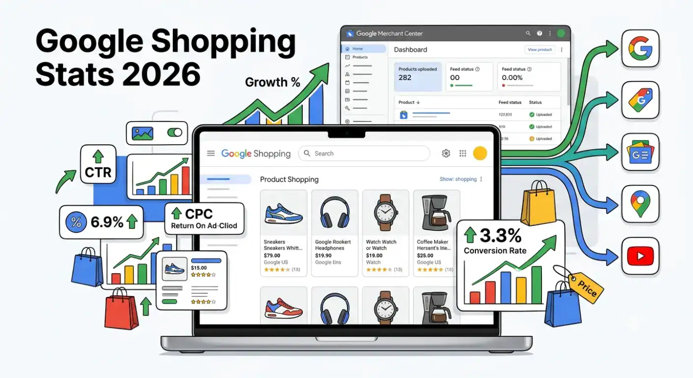 Fremhævet illustration til Google Shopping-statistik 2026, der viser Google Shopping, Google Merchant Center, ecommerce-analyse-dashboards, produktfeeds og performance-målepunkter, herunder CTR, CPC, ROAS og konverteringsrater.