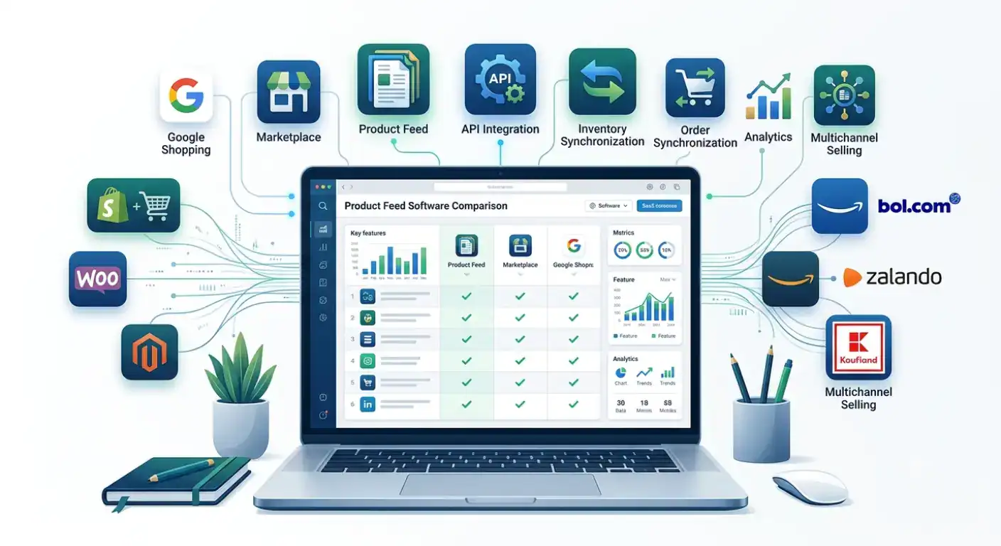 Fremhævet illustration, der sammenligner produktfeed management-software til e-commerce og viser multikanal distribution af produktfeeds, marketplace-API-integration, ordresynkronisering, lagersynkronisering og forbindelser mellem Shopify, WooCommerce, Google Shopping, Amazon, bol.com, Zalando og andre europæiske salgskanaler for at hjælpe forhandlere med at vælge den bedste produktfeed-software.