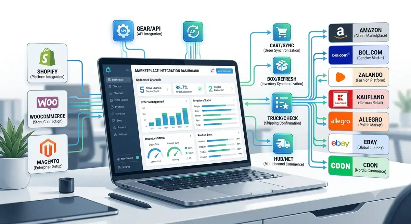 Fremhævet illustration, der viser software til marketplace-integration, som forbinder Shopify-, WooCommerce- og Magento-webshops med europæiske marketplaces via tovejs API-integration. Billedet repræsenterer automatiserede produktlister, ordresynkronisering, lagersynk, forsendelsesopdateringer og multichannel-salg på tværs af Amazon, bol.com, Zalando, Kaufland, Allegro, eBay og andre europæiske marketplaces.