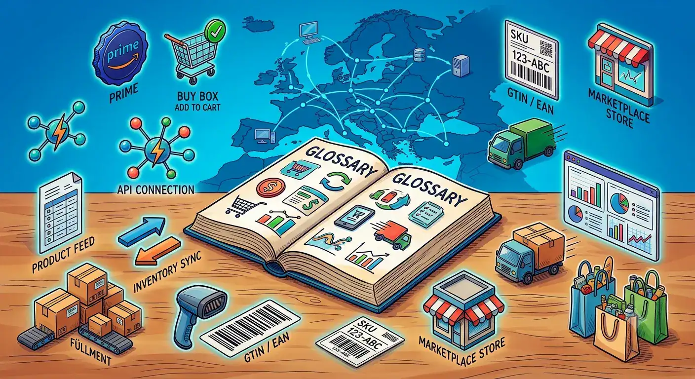 Illustration af markedspladsordliste, der viser Amazon Prime, Buy Box, API-forbindelse, produktfeed, inventory sync, SKU, GTIN/EAN, fulfillment, markedspladsbutik og europæiske ecommerce-integrationskoncepter.