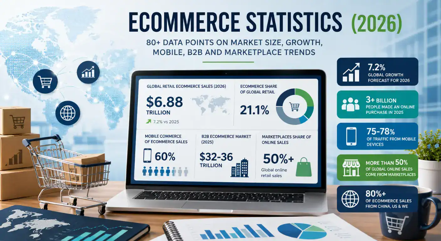 Fremhævet illustration, der opsummerer centrale ecommerce-statistikker for 2026, herunder global ecommerce-markedsstørrelse, vækst i detailsalg, mobilhandel, B2B-ecommerce, trends for online marketplaces og europæiske ecommerce-indsigter. Infografikken fremhæver vigtige branchedatapunkter, markedsprognoser og trends inden for digital handel for online detailhandlere og ecommerce-virksomheder.