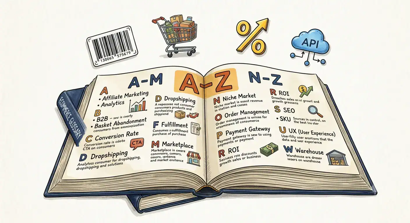 Illustration af en ecommerce-ordbog med A–Å ecommerce-termer, produktfeed management, markedspladsintegration, API, fulfillment, lagerstyring og koncepter inden for online salg.